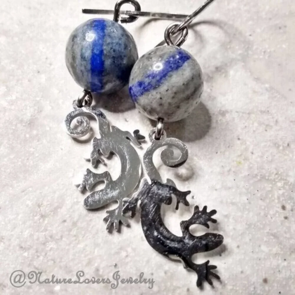 Lapis Lazuli Reptile Earrings | Nature Lover Gift | Reptile Gecko Charm Jewelry